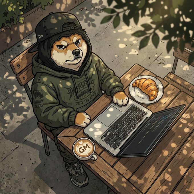 A serious Shiba Inu wearing a green hoodie and backwards cap types intensely on a laptop at a wooden cafe table, accompanied by a croissant and a latte art cup reading "GM." The "GM" cup and hustler aesthetic visually reinforce the crypto Twitter greeting and the post's focus on supply (burns) versus demand for the token.