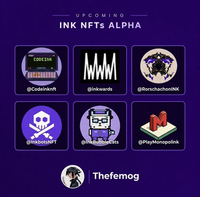 A purple-themed promotional graphic titled 'UPCOMING INK NFTs ALPHA' showcasing six NFT accounts (@Codeinknft, @inkwards, @RorschachonINK, @InkBotsNFT, @InkBubbleCats, @PlayMonopolink) curated by 'Thefemog'.