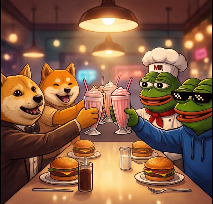 An illustration of Doge and Pepe characters enjoying a meal together, with Doge as a waiter and another Pepe wearing pixel sunglasses, all holding pink milkshakes.
