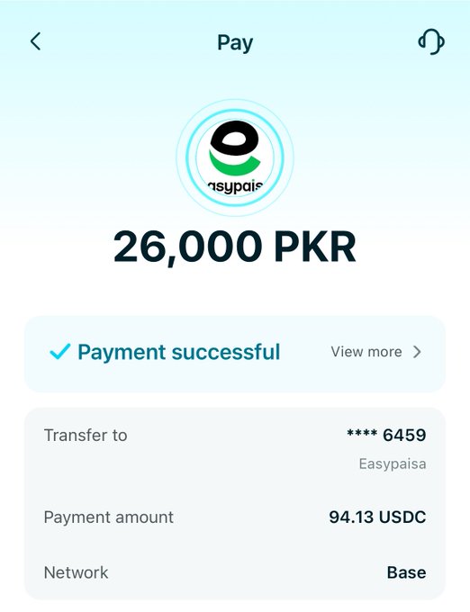 A Bitget Wallet payment confirmation screen showing a successful transfer of 26,000 PKR to an Easypaisa account (**** 6459) via the Base network, with a payment amount of 94.13 USDC.