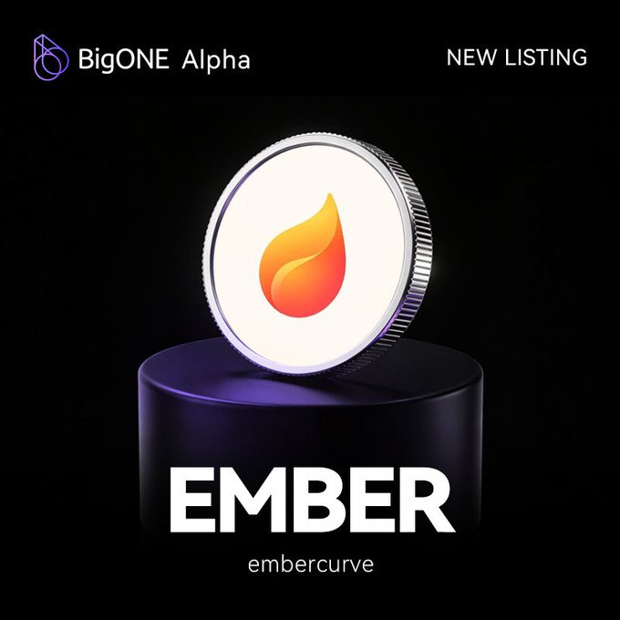 BigONE Alpha 'NEW LISTING' announcement for 'EMBER' (embercurve), featuring a flame icon on a silver coin displayed on a dark pedestal.