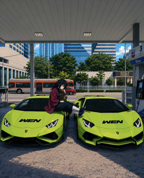 An anime-style illustration of a dark-haired figure sitting on the hood of a bright green Lamborghini with 'WEN' printed on it, parked at a gas station with a Wells Fargo building and city skyline in the background.
