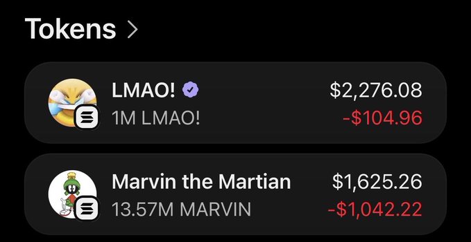The image shows a "Tokens" portfolio dashboard displaying two meme coin holdings: **LMAO!** with a balance of 1M tokens valued at $2,276.08 (down $104.96) and **Marvin the Martian** with 13.57M tokens valued at $1,625.26 (down $1,042.22). The post refers to a small acquisition of $LMAO and an ambitious plan to send $LMAO to a 100M market cap and $MARVIN to 10M, which the displayed holdings and current valuations appear to support.