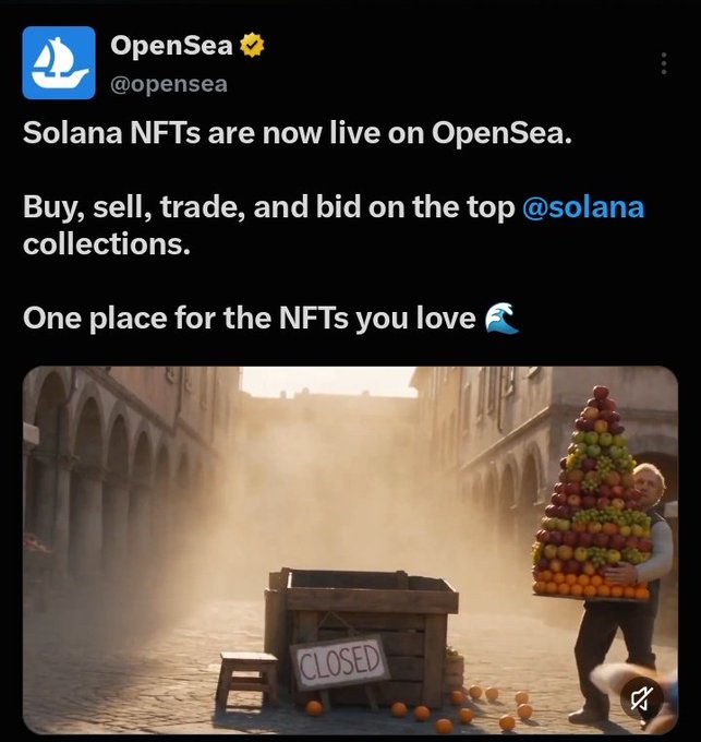 A tweet from OpenSea (@opensea) announces "Solana NFTs are now live on OpenSea," inviting users to "Buy, sell, trade, and bid on the top @solana collections," accompanied by an image of a fruit vendor carrying a large stack of fruit past a closed wooden crate sign labeled "CLOSED" — humorously suggesting that while Solana NFTs were previously unavailable, the marketplace is now back in business.