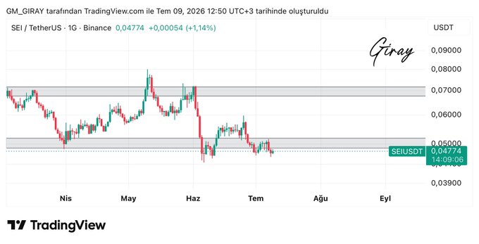 A TradingView daily candlestick chart for SEI/TetherUS on Binance shows the pair trading at 0.04774 (+1.14%), with price having dropped back below the highlighted support zone near 0.050, visually reinforcing the post's warning that bearish weakness may continue unless SEI closes back above that level.