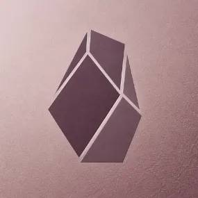 A minimalist illustration of a dark purple geometric crystal or gem shape with light pink highlights, set against a soft pink textured backdrop.