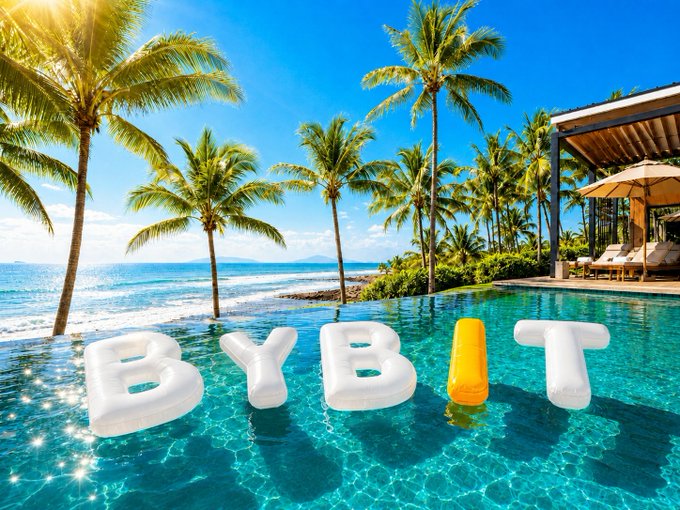 A tropical resort scene with palm trees, an infinity pool, and ocean view featuring large inflatable letters spelling 'BYBIT' floating in the water.