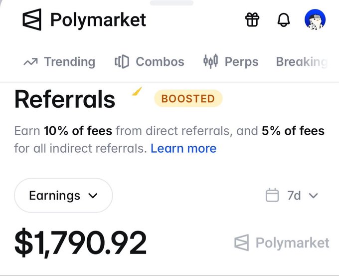 A Polymarket referral earnings page showing total earnings of $1,790.92 over the last 7 days, advertising 10% fees from direct referrals.