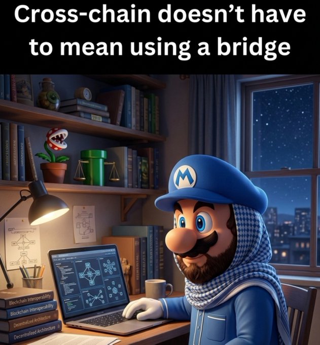 An AI-generated image featuring a character resembling Mario wearing a keffiyeh, working on a laptop displaying blockchain interoperability diagrams, with text stating 'Cross-chain doesn't have to mean using a bridge' and books labeled 'Blockchain Interoperability' and 'Decentralized Architecture.'