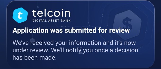 A confirmation screen from Telcoin Digital Asset Bank reading "Application was submitted for review," with the message "We've received your information and it's now under review. We'll notify you once a decision has been made." This relates to the post as it shows the user's successful submission of their Telcoin Digital Asset Bank account application, prompted by frustration with Transak only allowing the Ethereum network for purchasing USDC.