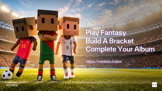 The image features a soccer field with three small figurines representing different countries standing next to each other. The text "Play Fantasy Build A Bracket Complete Your Album" is displayed above them, suggesting that they are part of an album or project related to soccer. The background shows a stadium filled with people watching the game, indicating that this could be a promotional image for a soccer-related event or project.