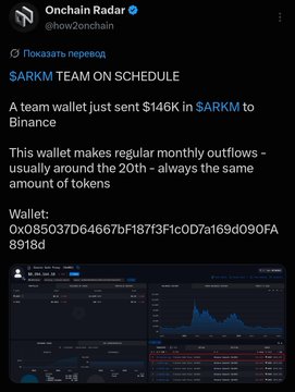 A tweet from Onchain Radar (@how2onchain) about 'SARKM TEAM ON SCHEDULE', noting a team wallet sent $146K in SARKM to Binance, showing a wallet address and a transaction chart.