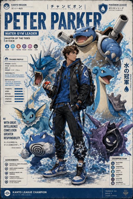 The image features a poster for the Pokemon franchise, with a man dressed as Peter Parker standing among various Pokemon characters. The poster includes information about Peter Parker's achievements and his role as the Water Game Leader. There are also some Pokemon characters depicted on the poster, such as a blue dragon and a purple fish. The post below the poster reads: "POV: You finally become the Pokémon trainer your 10-year-old self imagined... Bitch made me the real fucking Peter Parker and not my ape.. (Prompt attached below)".