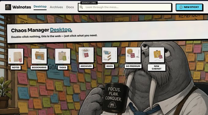 A screenshot of the Walnotes website's 'Chaos Manager Desktop' page featuring an illustration of a walrus holding a mug that says 'FOCUS. PLAN. CONQUER.' with navigation tabs for Notes, Bookmarks, Goals, Tasks, Archives, Docs, Go Premium, and New Cabinet.