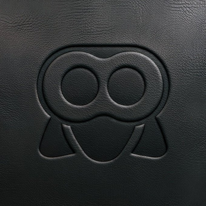 A black leather-textured background featuring an embossed logo of a stylized robot or character with two large round eyes and a smiling mouth.