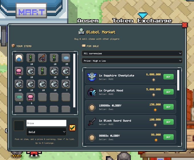 Pixel-art video game screenshot of a 'Global Market' trading interface from an Ansem Token Exchange shop called 'MART,' showing items for sale including Sapphire Chestplate, Crystal Hood, and Black Sword.