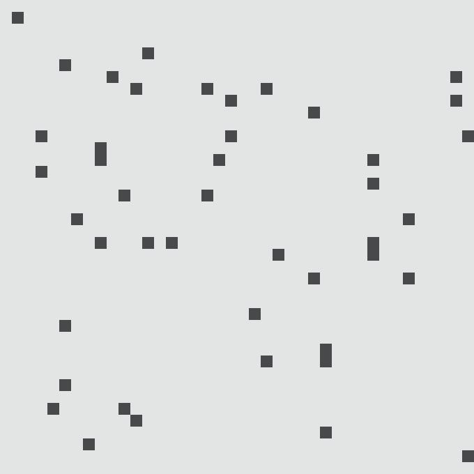 A minimalist image featuring scattered dark blue squares randomly arranged across a white background.