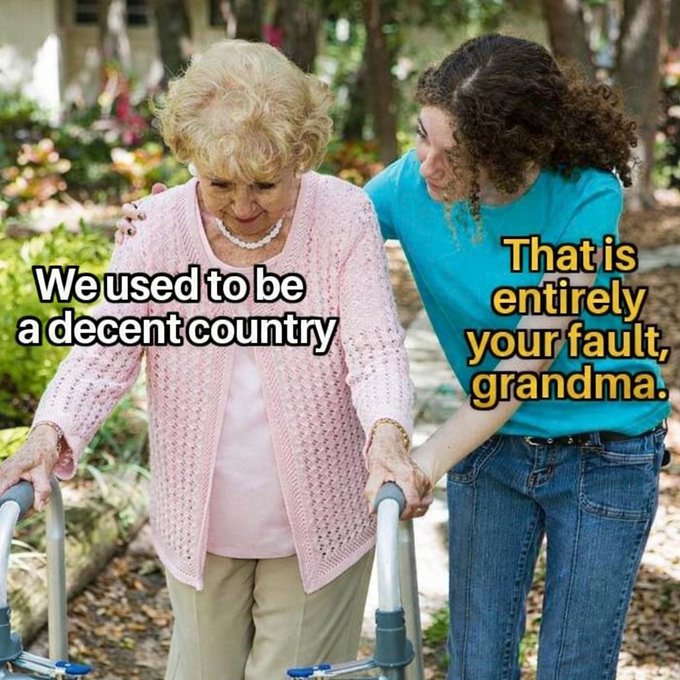 A meme image showing an elderly woman using a walker with a younger woman assisting her, with text reading 'We used to be a decent country' and 'That is entirely your fault, grandma.'