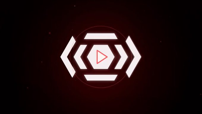 A stylized white and red hexagonal logo featuring a play button and arrow shapes glows against a dark red background.
