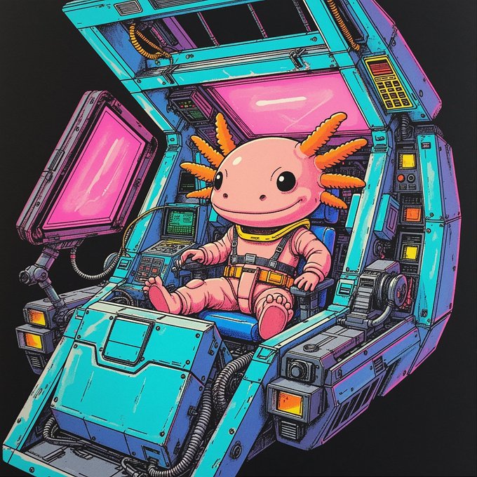 A colorful digital illustration of an adorable axolotl astronaut in a pink suit sitting inside a neon-lit cyan and pink mecha cockpit.