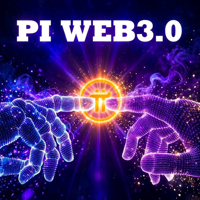A vibrant digital artwork displays the bold text "PI WEB3.0" above two glowing, wireframe hands reaching toward each other to form a glowing Pi cryptocurrency symbol in the center, set against a cosmic purple and blue background. The image visually reinforces the post's message about community-driven crypto, with the connected hands symbolizing the unity and collective strength of the Pi Network community building a decentralized Web3 future.