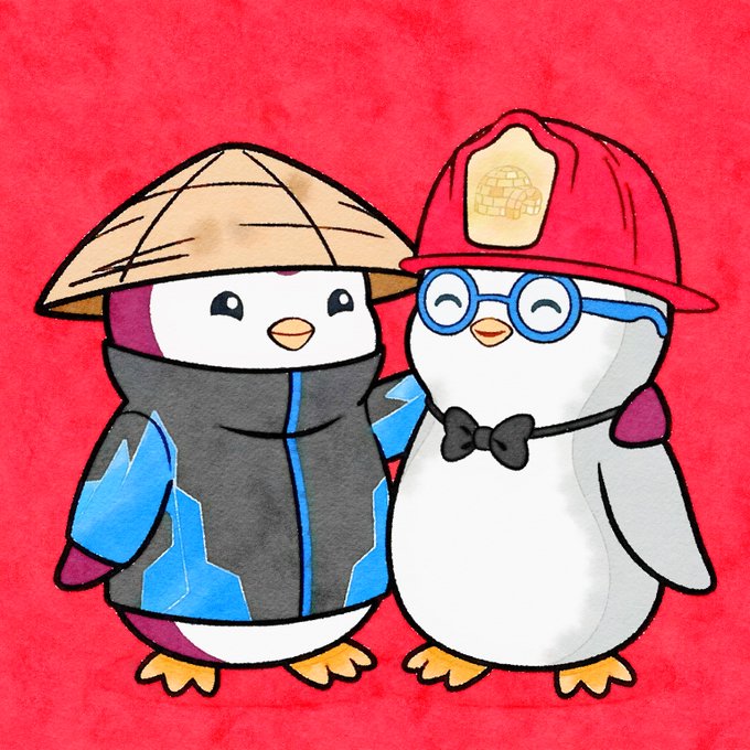 An illustration of two cartoon penguins, one wearing a conical hat and jacket, the other in a firefighter helmet and glasses, on a red background.