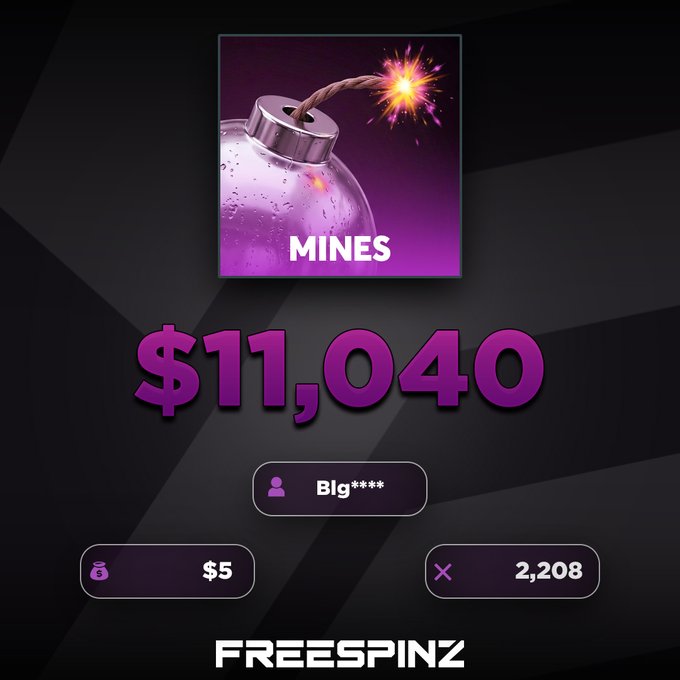 A digital promotional graphic from "FREESPINZ" showing a purple "MINES" bomb game reward of "$11,040" with a multiplier of "x 2,208".