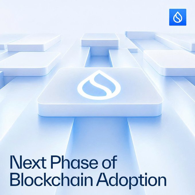 A promotional graphic with a light blue 3D aesthetic shows the Sui logo on a raised tile, with the text 'Next Phase of Blockchain Adoption'.