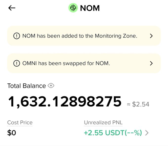 The image shows a wallet interface displaying 1,632.12898275 NOM tokens (≈ $2.54), with notifications confirming NOM was added to the monitoring zone and OMNI was swapped for NOM, along with a +2.55 USDT unrealized PNL. The post humorously contrasts the "$1500 airdrop" claim with the actual displayed value of roughly $2.54 in the screenshot.
