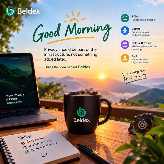 A Beldex 'Good Morning' promotional image featuring a steaming black coffee mug with the Beldex logo on a wooden table, a laptop displaying 'More Privacy A Better Tomorrow', and a checklist, set against a mountain sunrise backdrop with product features BChat, BelNet, Beldex Browser, and BNS.