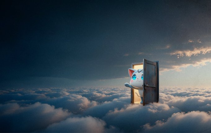 A whimsical, chibi-style white cat with large blue eyes peers out from a wooden door floating above a vast sea of clouds against a dusky sky. The image's dreamlike, otherworldly aesthetic complements the post's playful question about memecoin choices, evoking the mysterious, hype-driven nature of crypto speculation.