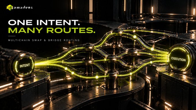 A promotional graphic for Ramadens featuring the tagline 'ONE INTENT. MANY ROUTES. MULTICHAIN SWAP & BRIDGE ROUTING' with 'INTENT' and 'EXECUTION' labels on an industrial-looking design.