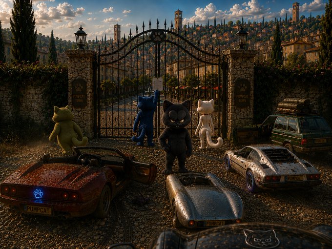 Three cat characters—white, blue, and gray—gather at the ornate closed iron gates of PumpCat Town, with a green and a white sports car parked nearby, one bearing the "PUMPCAT" license plate, as they await the return of the missing Red cat to begin Season 5.