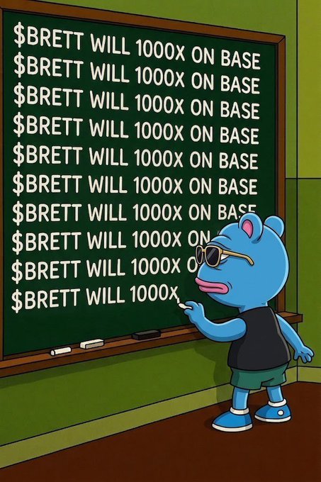 The image features a cartoon character, likely from the Simpsons TV show, standing next to a green chalkboard with numbers written on it. The caption of the image reads "BRETT WILL 1000X ON BASE", which seems to be related to the main character's occupation or a specific event in the story.