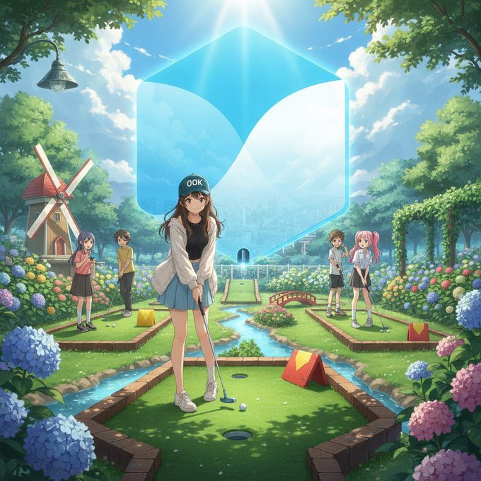 An anime-style illustration depicts a girl in a blue cap playing mini-golf in a lush garden setting, with a glowing blue hexagonal logo floating above.