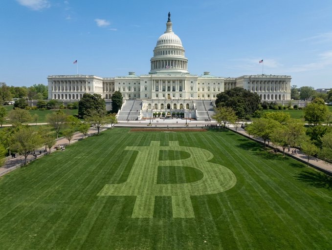 Aerial photograph of the United States Capitol building with a large Bitcoin symbol mowed into the grass of the National Mall.