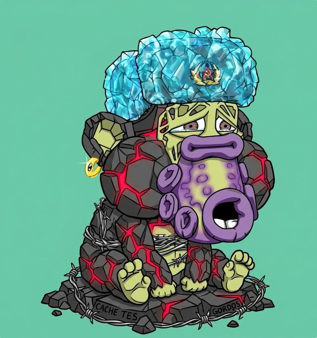 A cartoon illustration of a green-skinned character with a large blue brain-like headpiece and purple facial features, sitting among dark rocky formations with the text "CACHE TES" and "GORDOS" on the base.