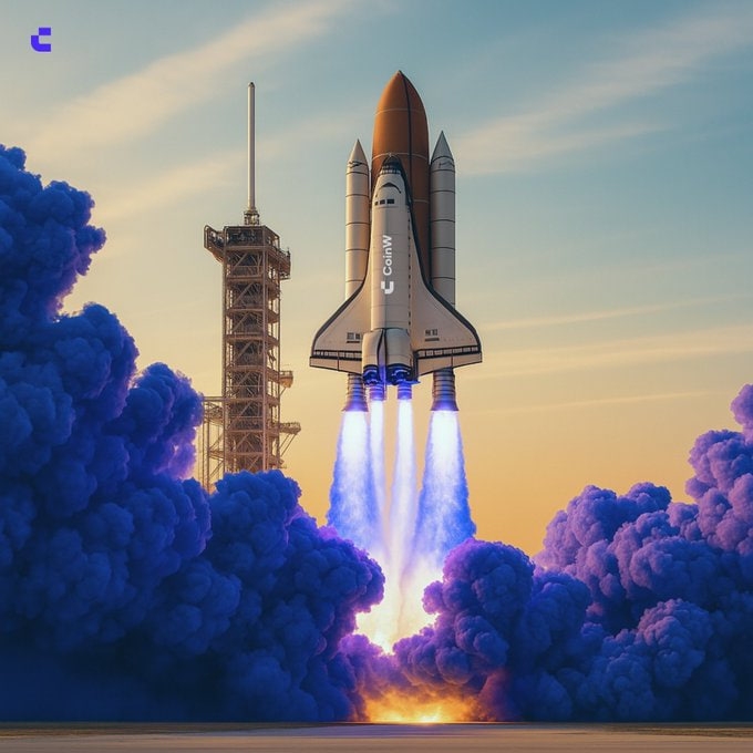 A digital illustration depicts a space shuttle launching into a sunset sky, surrounded by billowing blue and purple smoke, with a 'ConW' logo on the side and a small 'C' logo in the corner.