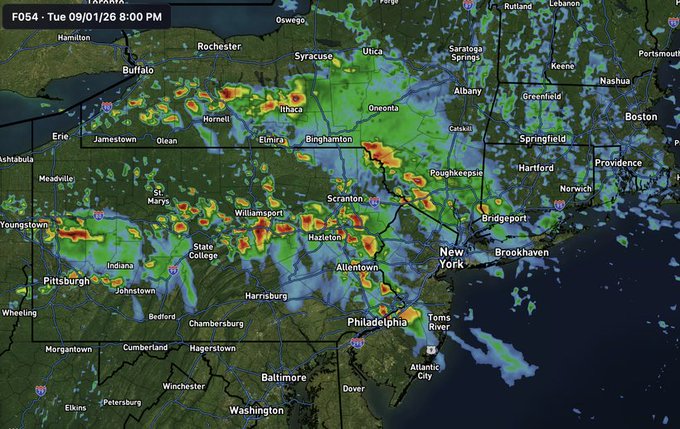 A weather radar map shows storms across the Northeast US including New York, Pennsylvania, and New Jersey, timestamped 'F054 - Tue 09/01/26 8:00 PM'.