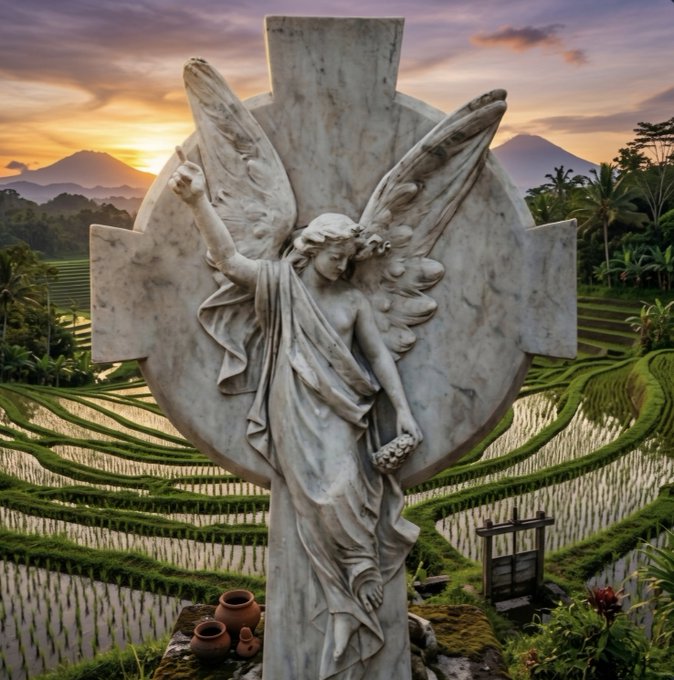 A weathered marble statue of a winged angel stands on a cross-shaped tombstone overlooking lush terraced rice fields at sunset.