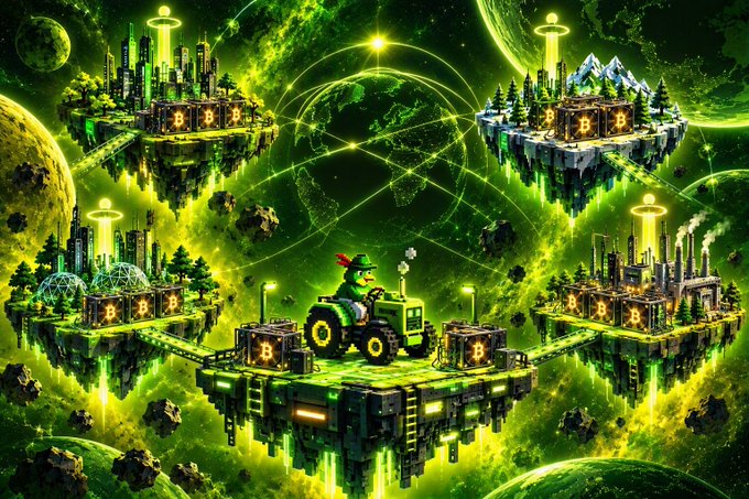 A pixel-art astronaut rides a green tractor across a floating green platform with "B" (Bitcoin) symbols, surrounded by floating islands featuring futuristic cities, snowy mountains, and industrial facilities connected by glowing lines, all set against a cosmic green background. The image's theme of exploration and discovery across different worlds visually parallels the post's excitement about discovering the @rarelistio platform and finding success in its campaigns.