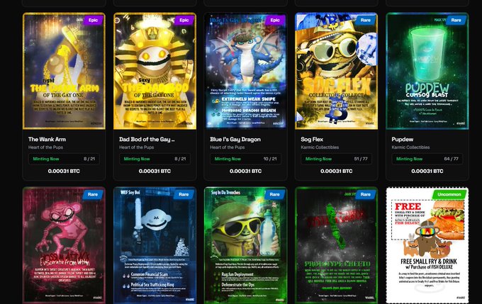 A digital storefront displays various NFT card collections—including "The Wark Arm," "Dad Bod of the Gay...," "Blue F's Gay Dragon," "Bog Flex," "Pupdew," and "FREE Small Fry & Drink w/ Purchase of FRY RULEZ!"—each priced at 0.00031 BTC with minting progress counters, visually supporting the post's announcement of new card pricing at 0.00031 BTC.
