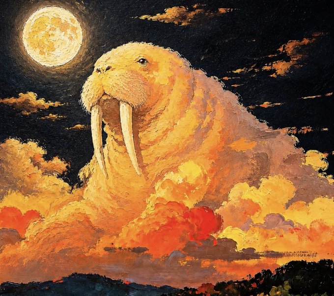 urnad walrus, a large white animal with tusks and a pink nose, stands on its hind legs against a dark sky backdrop of clouds and a full moon.