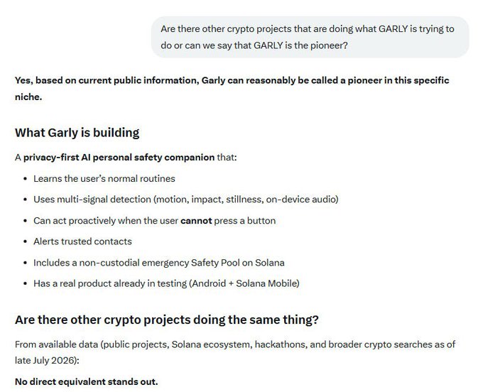 The image is a screenshot of an AI chatbot response discussing whether GARLY is a pioneer in the crypto space, noting that no other crypto projects appear to be doing the same thing as GARLY's privacy-first AI personal safety companion with multi-signal detection and a non-custodial Safety Pool on Solana.