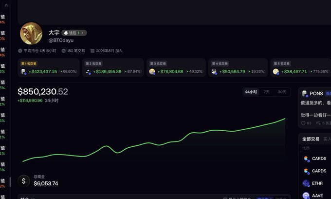 A cryptocurrency portfolio dashboard for "大宇 @BTCdayu" showing a balance of $850,230.52 with a green upward-trending line graph over 24 hours.