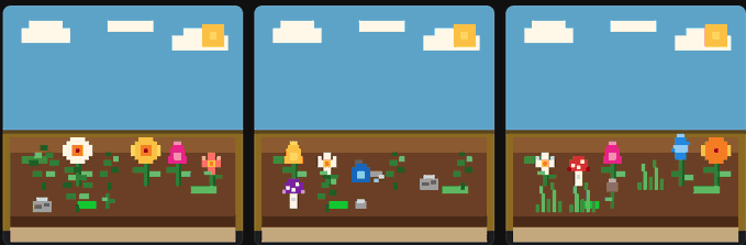 Three side-by-side pixel art scenes depict various colorful flowers, mushrooms, and plants growing in brown soil beneath a blue sky with white clouds and a small sun.