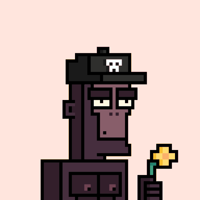 A pixel art illustration of a character with purple skin, wearing a black hat featuring a skull emblem and holding a yellow flower.