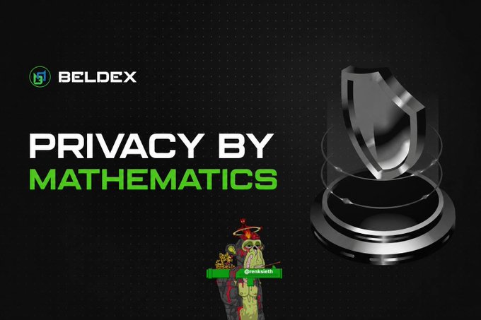 A promotional graphic for BELDEX with the tagline 'PRIVACY BY MATHEMATICS', featuring the Beldex shield logo on a pedestal and a stylized character holding a '@remixsloth' sign.