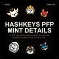 Promotional graphic titled 'HASHKEYS PFP MINT DETAILS' showing several cartoon-style animal characters against a dark background.
