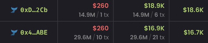 A trading interface showing two cryptocurrency wallets (0xD...2Cb and 0x4...ABE) with balances of $18.6K and $16.7K respectively, displaying $260 USDT holdings.